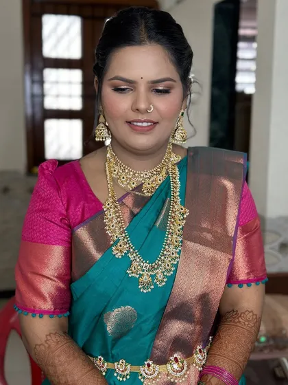 A beautiful engagement bride with soft, glowing makeup that enhances her features without looking heavy.