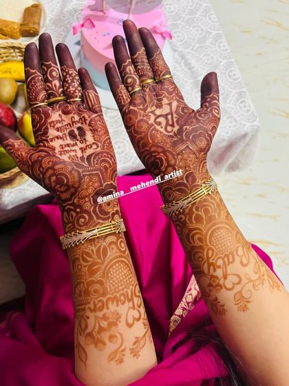Mehendi for a special baby shower! The design includes cute baby-related motifs and the phrase 'Can't wait to meet you'.
