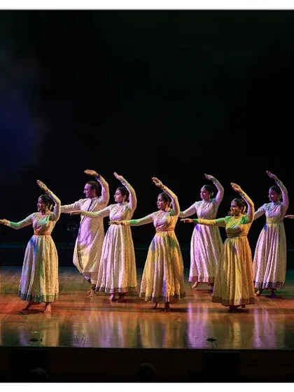 Another look at the storytelling power of Kathak. The synchronized poses of our dancers create a powerful visual narrative, where every footstep and gesture contributes to the unfolding story.