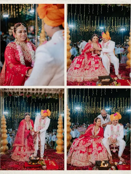A collage of the sacred rituals from a Maharashtrian wedding ceremony, showing the couple's interactions.