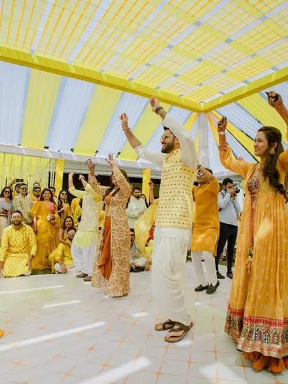 The groom and his squad performing a choreographed dance for the bride. We help coordinate these fun surprises.