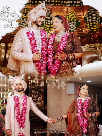 A creative collage of the couple during their Varmala ceremony, capturing their smiles and the moment they hold hands.