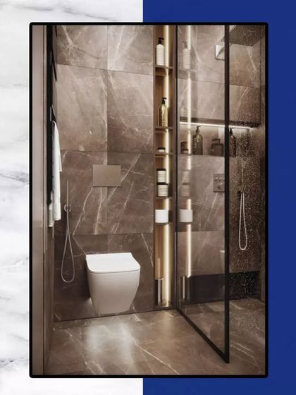 A concept for a minimalist, modern bathroom. The design features a wall-mounted toilet and a walk-in shower with built-in shelving, all clad in luxurious dark marble for a sleek, seamless look.