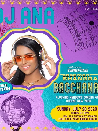 A poster for DJ Ana. My "Basement Bhangra Bacchanal" branding was designed to reflect the fusion of Bhangra and Chutney Soca cultures.
