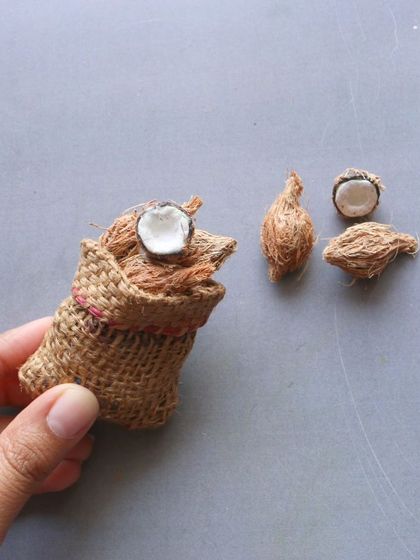 A miniature sack of coconuts, a bonus item in my vegetables course.