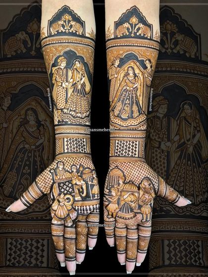 This advanced bridal mehndi features heavy figural work. It includes detailed portraits of the couple, doli scenes, and other wedding elements, designed for the bride who wants a true statement piece.