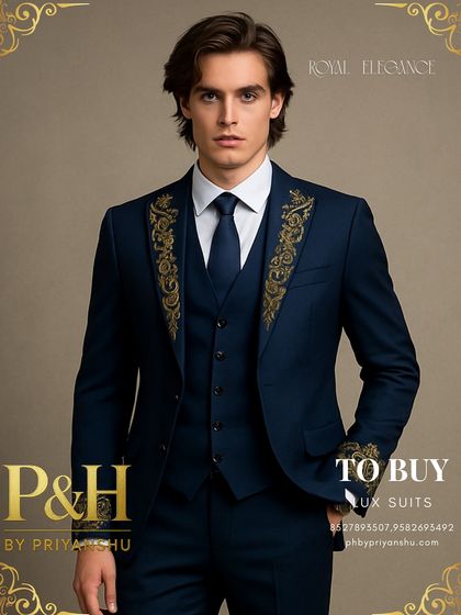 A detailed close-up of the royal blue suit's lapel, showcasing the dense and masterful gold hand-embroidery that defines this exceptional garment.