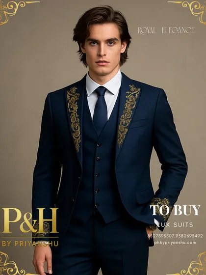 A portrait view of the royal blue suit, emphasizing the sharp cut of the lapels and the intricate craftsmanship of the embroidery.