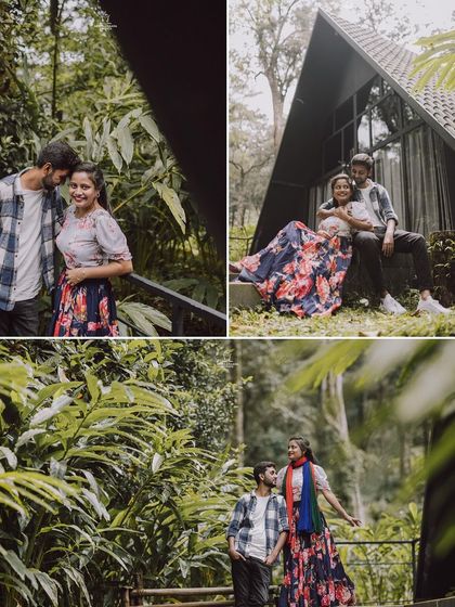 A collage from a pre-wedding shoot in a lush, green location, showing the couple's natural and easygoing chemistry.