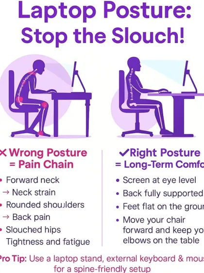 If you have a desk job, this might look familiar. Poor laptop posture is a leading cause of neck and back pain. Simple adjustments like raising your screen to eye level and ensuring your back is supported can make a world of difference.