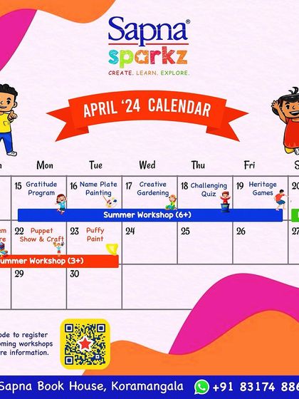 Our packed April calendar! This shows a full month of summer workshops, including programs on gratitude, gardening, LEGO, puppet shows, and more for different age groups.
