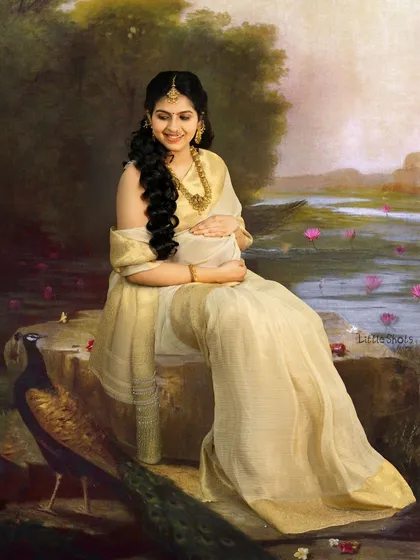 A truly unique maternity portrait inspired by the classic paintings of Raja Ravi Varma. The mother-to-be is styled in a traditional off-white saree with gold jewelry, seated gracefully by a painted lakeside scene with a peacock, creating a timeless and artistic masterpiece.
