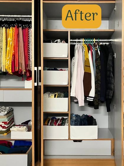 After implementing a new system, the same wardrobe is now a model of organization. With dedicated sections for sarees, hanging clothes, and folded items in bins, everything is visible and accessible.