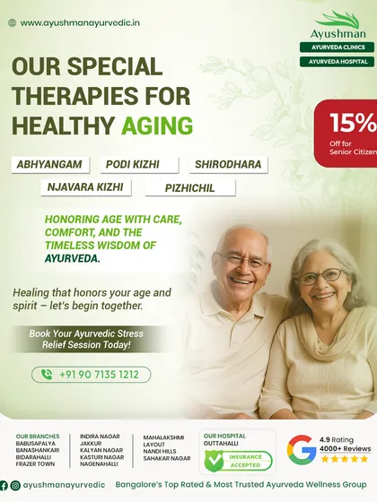 We offer special therapies like Abhyangam, Shirodhara, and Kizhi designed for healthy aging. This image represents our commitment to honoring age with care and comfort, providing treatments that relieve pain and rejuvenate the body and spirit for our senior citizens.