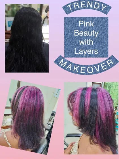 For clients who want to stand out, we love creating bold fashion color looks. This makeover features vibrant pink highlights woven into a dark base, complemented by a fresh layered cut for a truly head-turning style.