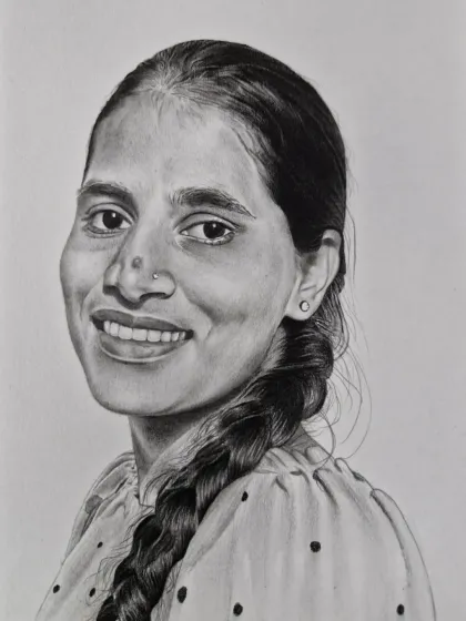 A portrait of a woman with a simple, warm smile and a traditional braid. My goal is to capture the essence of the person.