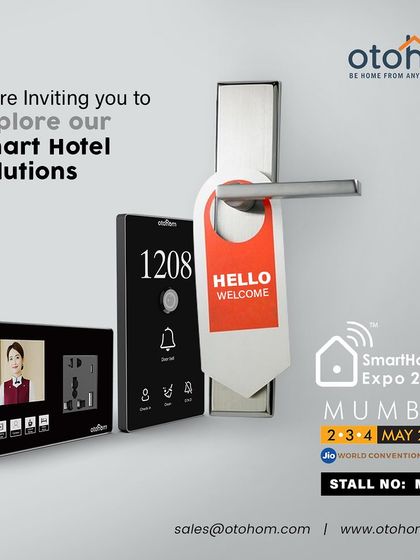 We invite you to explore our smart hotel solutions, designed to transform the hospitality industry. This system shows our integrated door panel, which combines room number, a doorbell, and service requests.