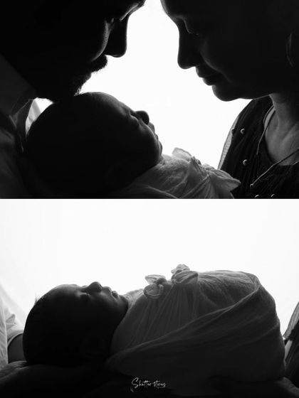 A collage of silhouette portraits, showcasing different poses that capture the emotional bond of a new family.