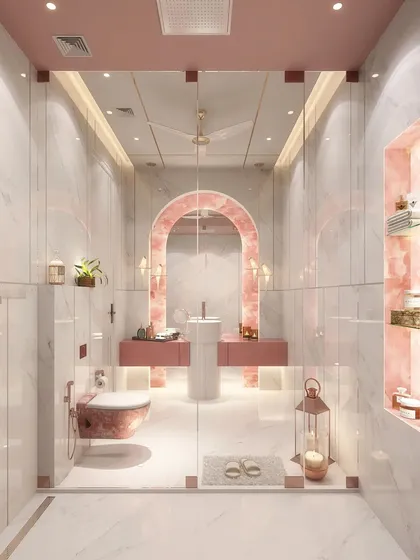 I design bathrooms to be personal, spa-like retreats. This stunning example uses floor-to-ceiling white marble and pink onyx accents to create a serene and zen atmosphere, proving that even the most functional spaces can be exceptionally beautiful.