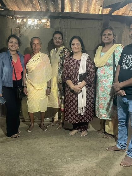 Our group of students with the local Warli artists. It was an honor to learn from them and be welcomed into their community for a day of art and culture.