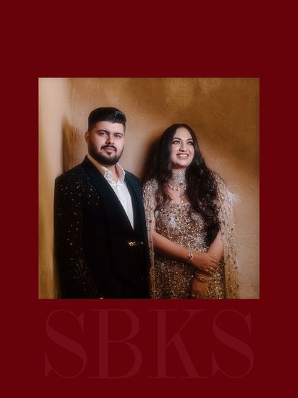 A classic portrait of the couple against a rich, textured background, a title card for their pre-wedding story.