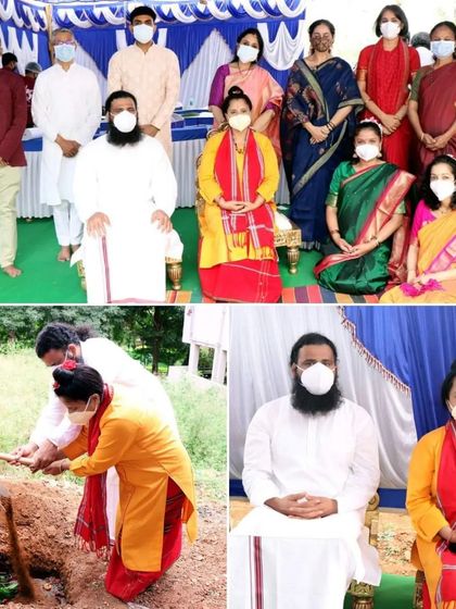 Photos from the Bhoomi Puja ceremony, showing us with participants and performing the ritual of planting a sapling. This signifies our commitment to growth and nurturing the spiritual community.