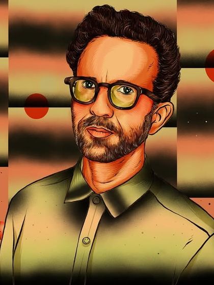 A surreal, space-themed portrait of Daudi Matsiko for Bandcamp, with floating planets and a layered, atmospheric background.