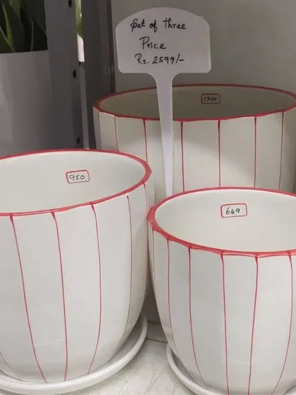 The same striped ceramic pot design is available with red stripes. This set of three is perfect for creating a cohesive plant arrangement.