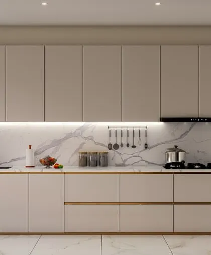 A final look at the beige kitchen concept. The long, continuous countertop and ample storage make this design ideal for anyone who needs a highly functional and organized kitchen space.