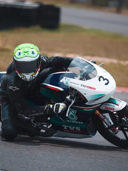 Aaron Soni Fernandez shows his skill during the Petronas TVS Racing One Make Championship selection round. His fast lap time secured his spot in the competitive rookie category.