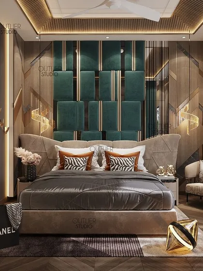 Your bedroom should be a true reflection of your personality. This master bedroom creates a sense of serenity and luxury with a unique, multi-layered headboard in deep green and rich wood tones.