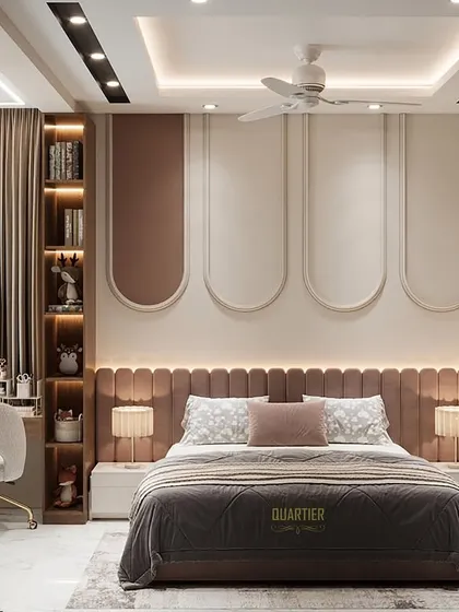 The study and bed area of the shared kids' room render. The design includes a long headboard and a tall bookshelf, providing ample space for both rest and study.