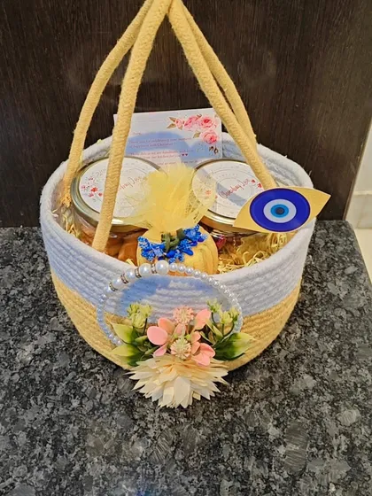 A still image of the versatile jute basket hamper, suitable for a variety of personal celebrations.