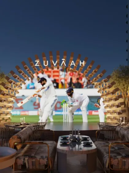 The rooftop at Zuvaah was designed as an open-air venue for events and screenings, with a large screen framed by a sculptural, sun-like element.