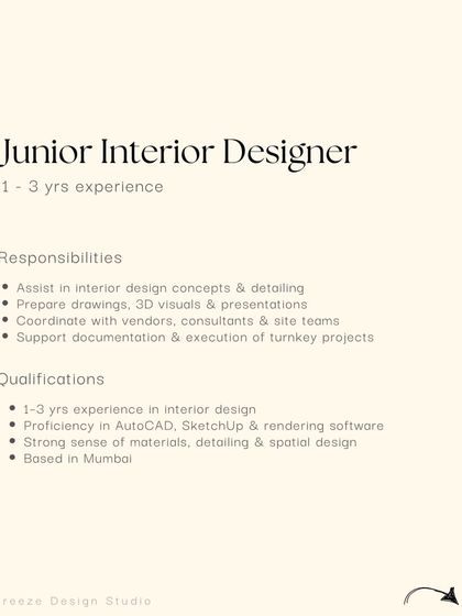 A list of responsibilities for a Junior Interior Designer at Kreeze Design Studio in Mumbai, from assisting in concepts to supporting turnkey project execution.
