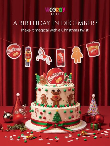 A magical Christmas-themed birthday cake, perfect for a December celebration. This two-tiered delight is adorned with gingerbread men, reindeer, and festive colors to bring holiday cheer to the special day.