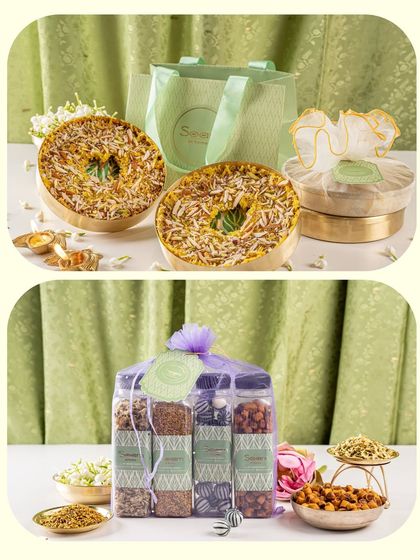 A glimpse into my wedding hamper collection. The top image shows my Ghevar in elegant brass tins, while the bottom showcases a hamper filled with assorted savoury snacks, offering something for every taste.