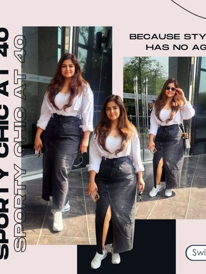 My personal take on sporty chic: a black denim skirt with a front slit, a simple white top, and classic sneakers.