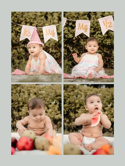 This collage showcases different moments from a half-birthday and fruit-smash session. It’s a wonderful way to document how much a baby grows and changes in just a few months.