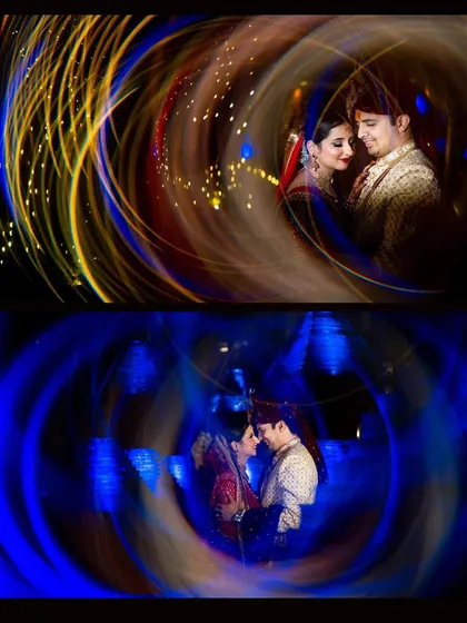 A creative portrait using light painting to swirl colors around the couple, creating a magical and energetic feel for their reception.