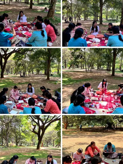 A collage showcasing the vibrant atmosphere of our outdoor art picnic in a park. Participants are gathered on mats under the trees, learning new art forms in a relaxed, natural setting that feels more like a fun day out than a formal class.