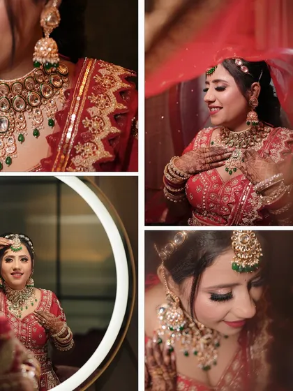 A collage of detailed bridal portraits, focusing on her stunning jewelry, makeup, and happy expressions.
