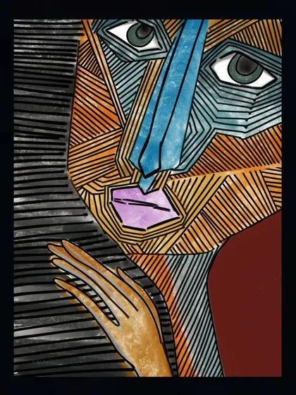 An abstract digital portrait titled "Self Hug," using geometric lines and a muted color palette to convey a sense of introspection and self-compassion.