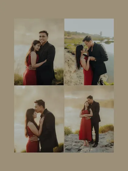 A collage of romantic moments from a golden hour pre-wedding shoot. The warm, hazy light creates a dreamy and magical atmosphere.