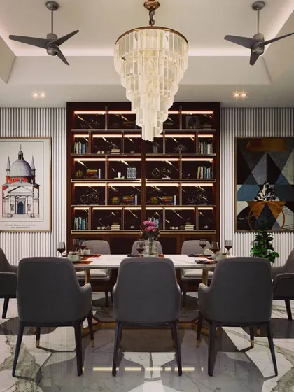 This formal dining lounge is crafted for elegant entertaining. The room is centered around a magnificent tiered crystal chandelier, with a custom-built, backlit shelving unit for wine and display. The combination of marble flooring and plush seating creates a sophisticated yet inviting space for hosting.