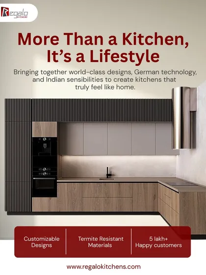 We combine world-class design, German technology, and Indian sensibilities. This L-shaped modular kitchen showcases a beautiful interplay of wood grain and solid matte finishes, complete with an integrated oven tower and a sleek, modern chimney. It’s a testament to our promise of quality and style.