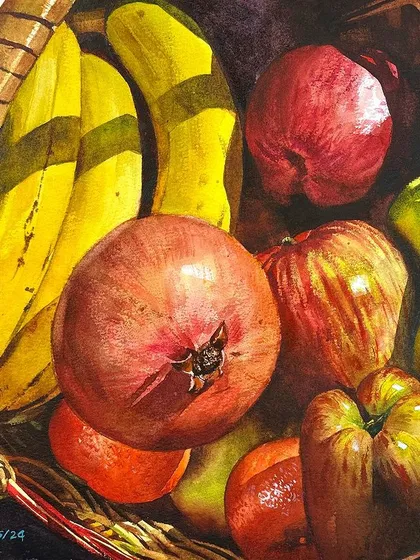 A vibrant fruit basket, brimming with color and texture. This still life from my course teaches how to handle complex compositions and make each element stand out.