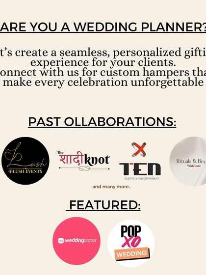I'm proud to collaborate with talented wedding planners and have been featured by popular wedding platforms. If you're a planner, let's connect to create unforgettable gifting experiences for your clients.