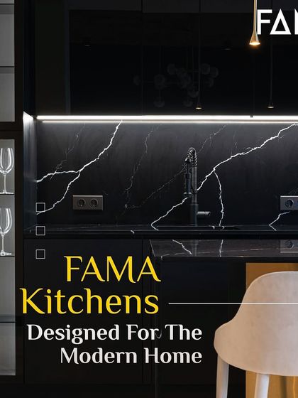 FAMA kitchens are designed for the modern home. This black kitchen with a striking white-veined backsplash and glass display cabinets is a perfect example of contemporary, high-contrast design.