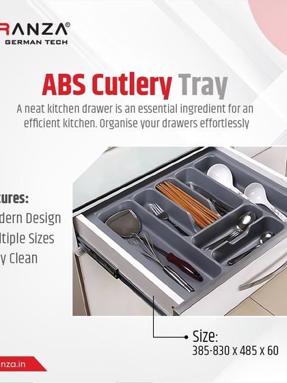 This ABS cutlery tray is a core component of an efficient kitchen. Its modern design is available in multiple sizes and is exceptionally easy to clean, keeping your drawers hygienic.